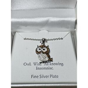 16" Silver Tone Crystal Owl Pendant Necklace New in Box
